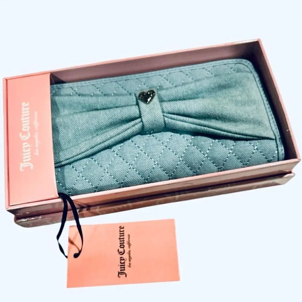 NWT Juicy Couture Large Quilted Zip Around Light Washed Blue Denim Bow Wallet